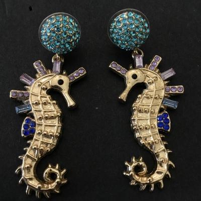 Cute rhinestone seahorse, statement earrings