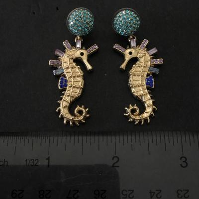 Cute rhinestone seahorse, statement earrings