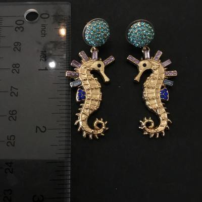 Cute rhinestone seahorse, statement earrings