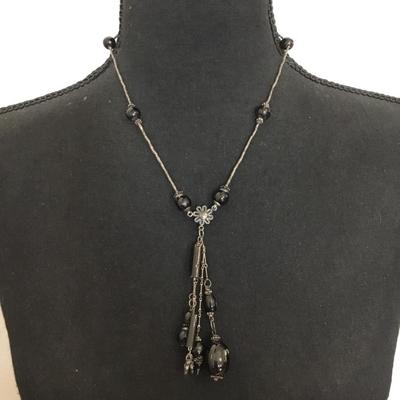 Vintage black glass bead tassel statement, necklace