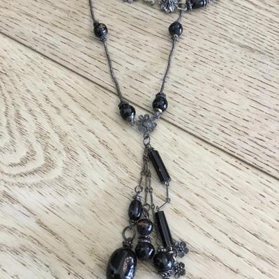 Vintage black glass bead tassel statement, necklace