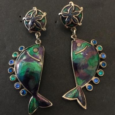 Beautiful, colorful metal enamel fish statement earrings