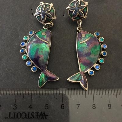 Beautiful, colorful metal enamel fish statement earrings