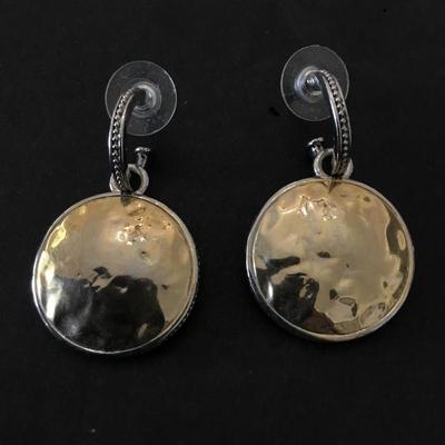 Hammered metal round disc dangle, earrings, silver and gold toned