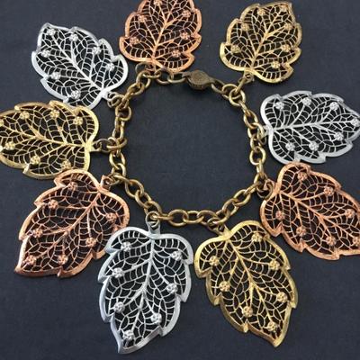 Vintage, gold, silver copper, toned leaf charm bracelet