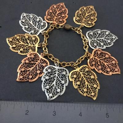Vintage, gold, silver copper, toned leaf charm bracelet