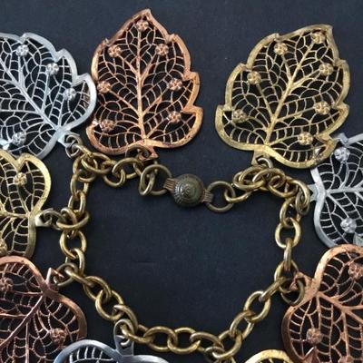 Vintage, gold, silver copper, toned leaf charm bracelet