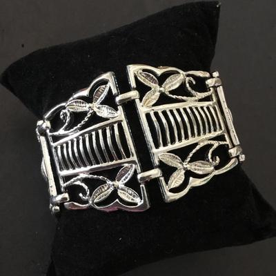 vintage, extra wide, chunky silver tone, metal panel bracelet