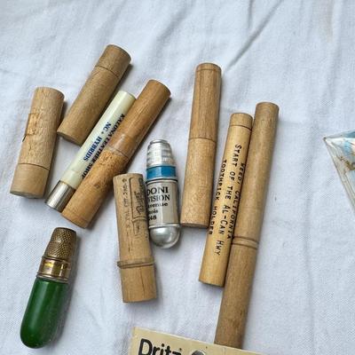 Needlework kits and yarns, Collection of hand needles, wooden needle holders, sewing kits