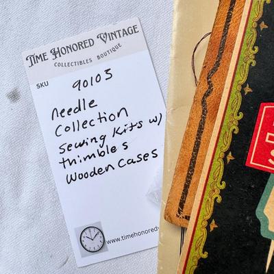 Needlework kits and yarns, Collection of hand needles, wooden needle holders, sewing kits