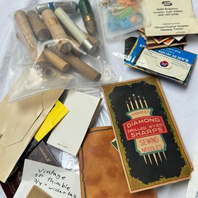 Needlework kits and yarns, Collection of hand needles, wooden needle holders, sewing kits