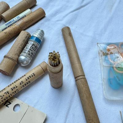 Needlework kits and yarns, Collection of hand needles, wooden needle holders, sewing kits