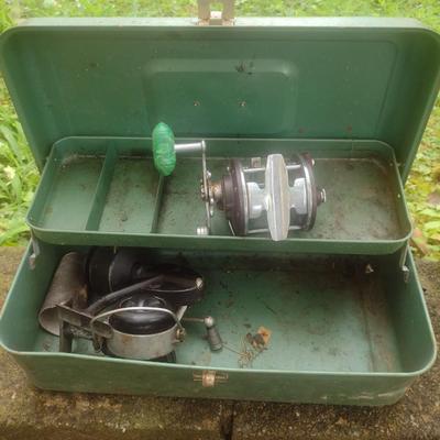 Pair of Vintage Metal Tackle Boxes and Includes My Buddy Tackle Box and a Penn Peerless #9 Fishing Reel