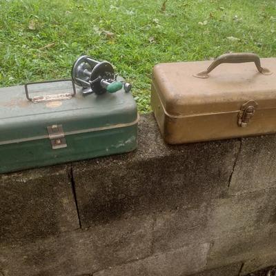 Pair of Vintage Metal Tackle Boxes and Includes My Buddy Tackle Box and a Penn Peerless #9 Fishing Reel