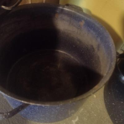 Collection of Enamel Graniteware Water Bath Canning Pots and Roasting Pan