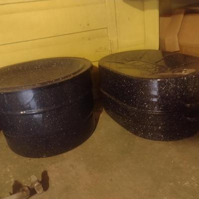 Collection of Enamel Graniteware Water Bath Canning Pots and Roasting Pan