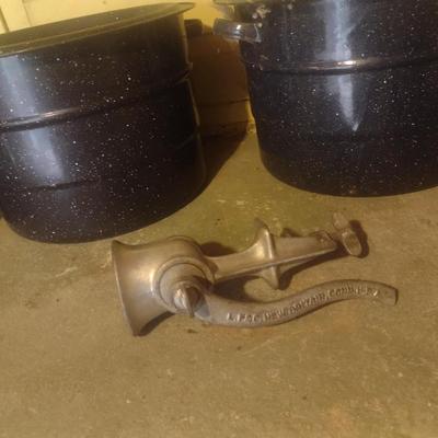 Collection of Enamel Graniteware Water Bath Canning Pots and Roasting Pan