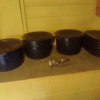 Collection of Enamel Graniteware Water Bath Canning Pots and Roasting Pan