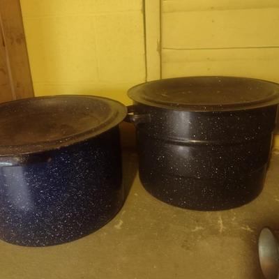 Collection of Enamel Graniteware Water Bath Canning Pots and Roasting Pan