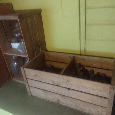 Collection of Vintage Soda Bottle, Jars, Milk Bottles, Glass Lantern and Two Wood Orchard Boxes