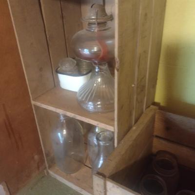 Collection of Vintage Soda Bottle, Jars, Milk Bottles, Glass Lantern and Two Wood Orchard Boxes