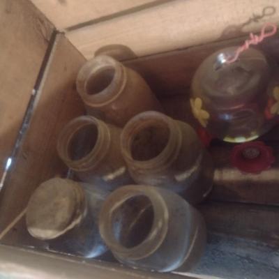 Collection of Vintage Soda Bottle, Jars, Milk Bottles, Glass Lantern and Two Wood Orchard Boxes