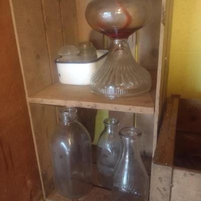 Collection of Vintage Soda Bottle, Jars, Milk Bottles, Glass Lantern and Two Wood Orchard Boxes