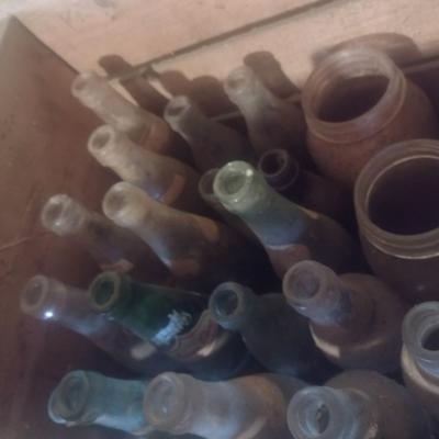 Collection of Vintage Soda Bottle, Jars, Milk Bottles, Glass Lantern and Two Wood Orchard Boxes