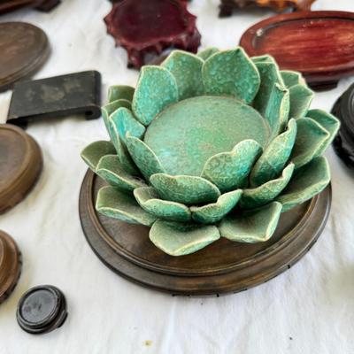 Chinese wooden stands, ceramic lotus flower candle holder, Asian enamel bowl
