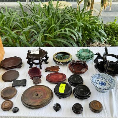 Chinese wooden stands, ceramic lotus flower candle holder, Asian enamel bowl