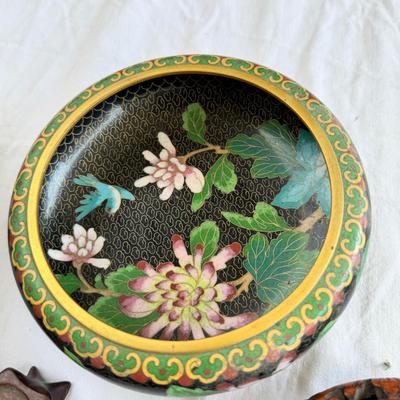 Chinese wooden stands, ceramic lotus flower candle holder, Asian enamel bowl