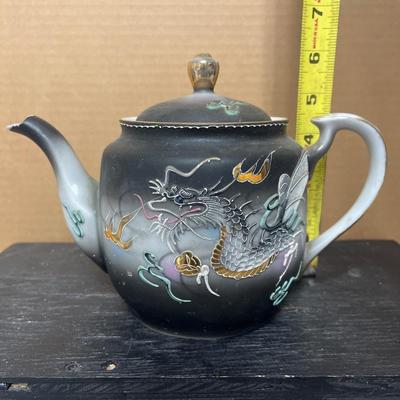 Sale Photo Thumbnail #185: Fantastic Moriage dragonware teapot with chippy spout and Cambridge 3 arm candelabra