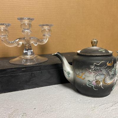 Sale Photo Thumbnail #184: Fantastic Moriage dragonware teapot with chippy spout and Cambridge 3 arm candelabra