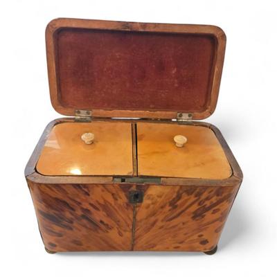 Sale Photo Thumbnail #59: Light blonde tea caddy on bun feet. Two lids and original interiors. 
7 x 4 x 6.5h