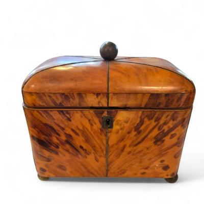 Sale Photo Thumbnail #58: Light blonde tea caddy on bun feet. Two lids and original interiors. 
7 x 4 x 6.5h