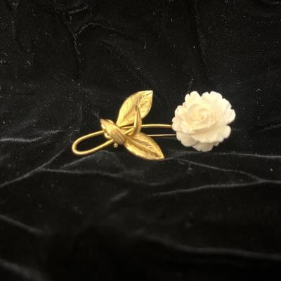 Sale Photo Thumbnail #195: Beautiful ivory carved rose pin, Silver filigree flower pin and pair of copper brooches