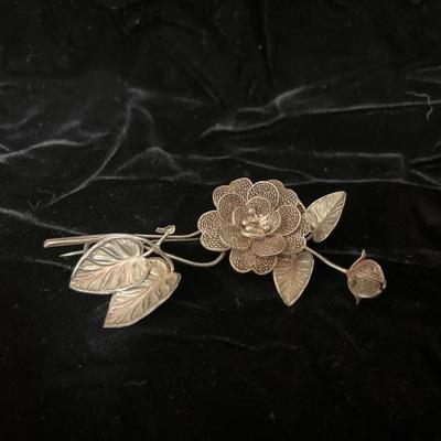 Sale Photo Thumbnail #197: Beautiful ivory carved rose pin, Silver filigree flower pin and pair of copper brooches