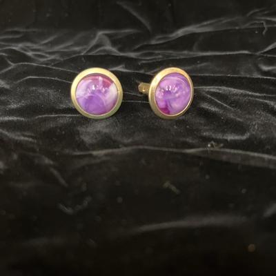 Sale Photo Thumbnail #202: Vintage purple cuff links along with bug, cat, duck and hummingbird pins