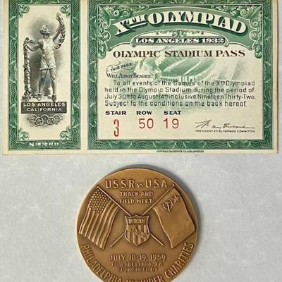 1932 Olympics Ticket & 1959 USA-USSR Track & Field Commemorative Medal