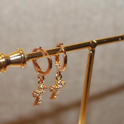 Delicate Dark Gold Tone CROSS Earrings (¾" x ½") Set with a Huggie Clasp