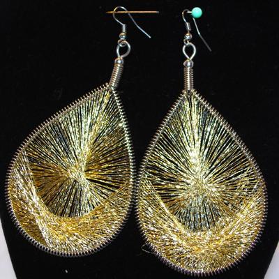 Gold Lame' Styled Threaded Teardrop Earrings 3½" L