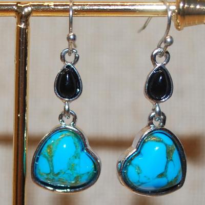 Blue + Green Jade Style HEART Setting Earrings Set ( 1" x ½") with Black Pear Shaped Stone Accent & Wire Hook Clasp