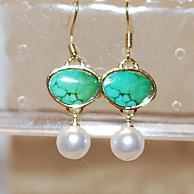 Faux Pearl & Green Jade Style Earrings Set with Wire Hook Clasps