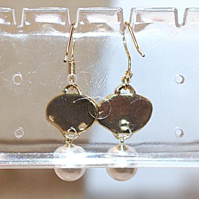 Faux Pearl & Green Jade Style Earrings Set with Wire Hook Clasps