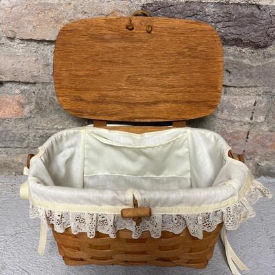 Sale Photo Thumbnail #245: 1992 hinged, lidded sewing basket with liner and 1991 two-handled basket with liner and protector