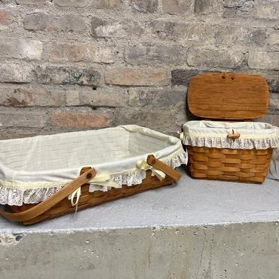 Sale Photo Thumbnail #243: 1992 hinged, lidded sewing basket with liner and 1991 two-handled basket with liner and protector