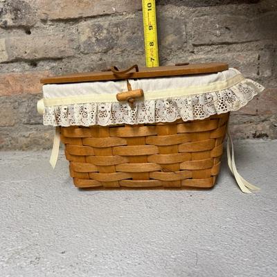 Sale Photo Thumbnail #247: 1992 hinged, lidded sewing basket with liner and 1991 two-handled basket with liner and protector