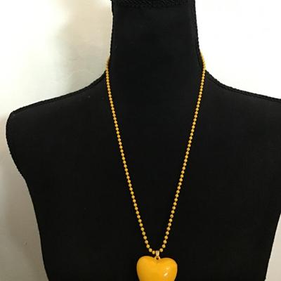 Vintage super cute mustard, yellow enamel heart and metal enamel bead necklace