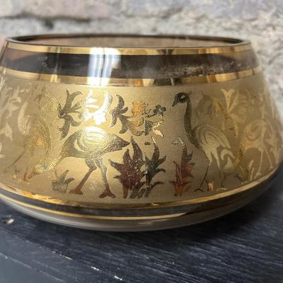 Sale Photo Thumbnail #294: Large blue and white oval stoneware platter, vintage Delft square plate with small fault, and amber and gold Bohemian bowl with wonderful bird motif