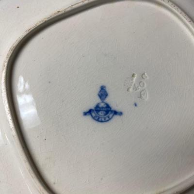 Sale Photo Thumbnail #291: Large blue and white oval stoneware platter, vintage Delft square plate with small fault, and amber and gold Bohemian bowl with wonderful bird motif